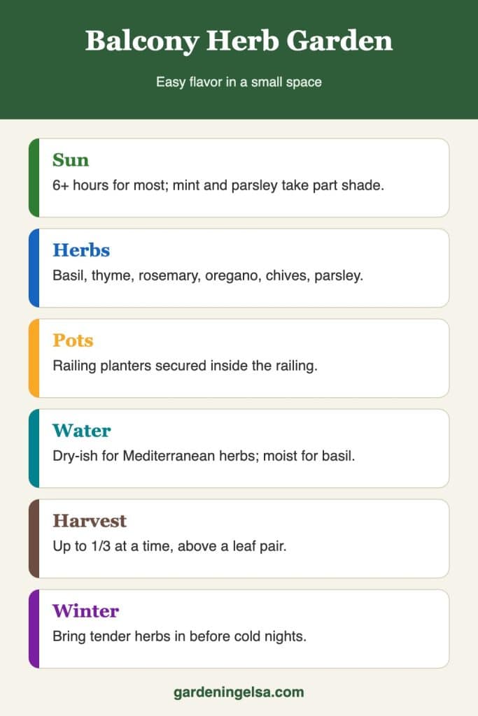 Infographic on growing a balcony herb garden: light, best herbs, containers, watering, harvest and winter care