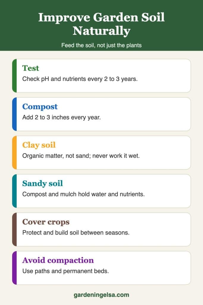 Infographic on how to improve garden soil naturally: soil testing, compost, clay and sandy soil fixes, pH, cover crops, mulch and compaction