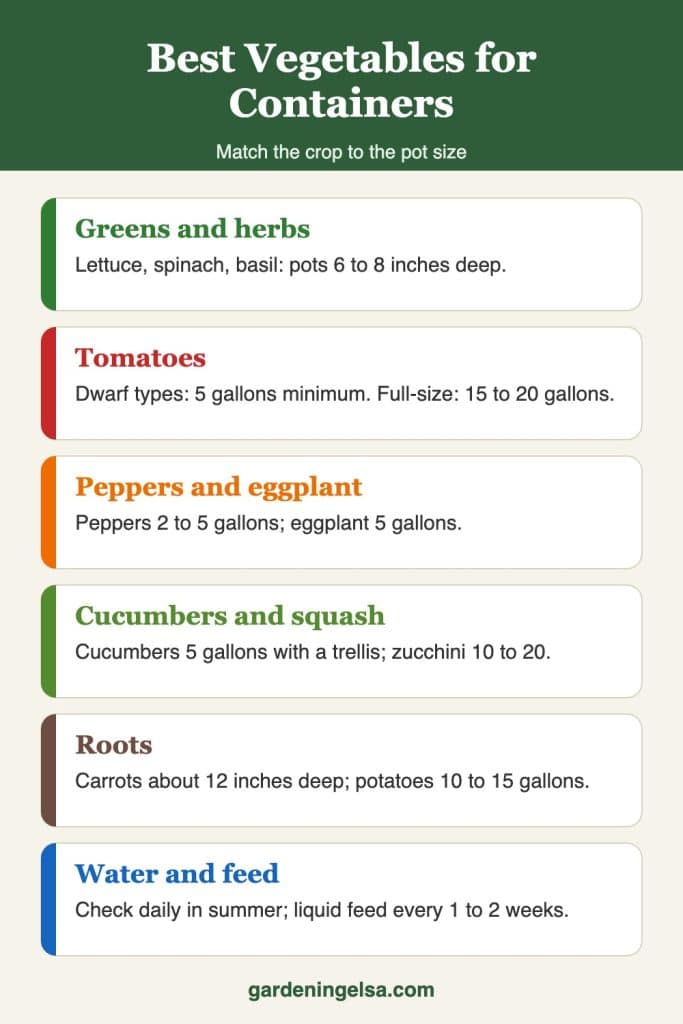 Infographic of the best vegetables for container gardening with pot sizes for greens, herbs, tomatoes, peppers, cucumbers, squash, carrots and potatoes